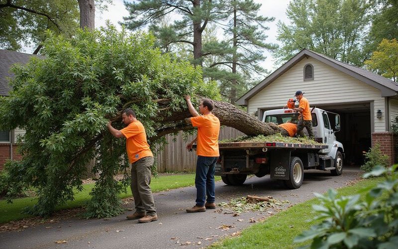 Workers clearing large storm debris from Savannah property