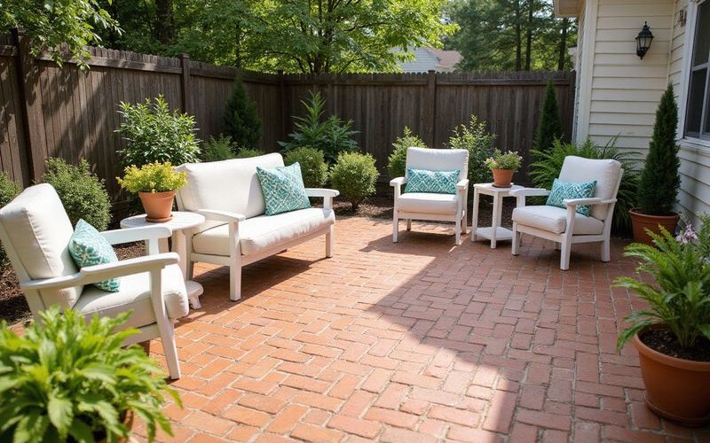 Clean patio with pressure-washed pavers and organized outdoor furniture