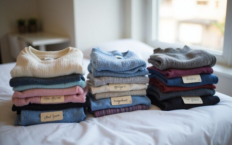 Closet being decluttered with clothes sorted into keep and donate piles