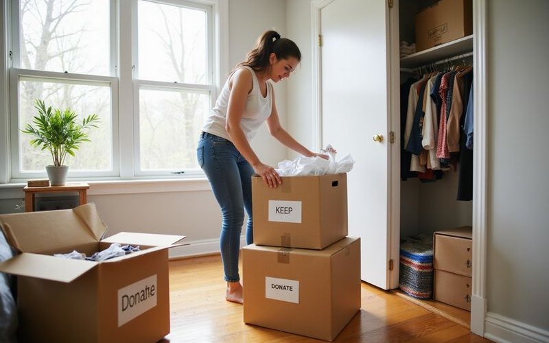 Decluttering before a move with sorting boxes