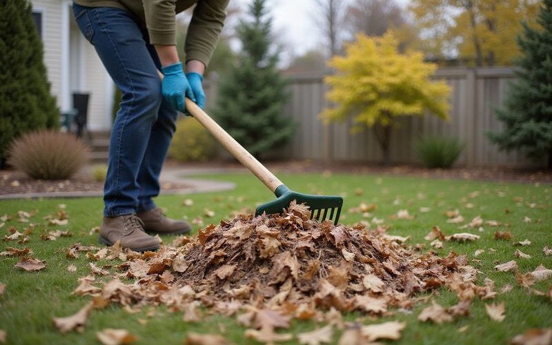 Homeowner raking leaves and debris from flower bed in early spring