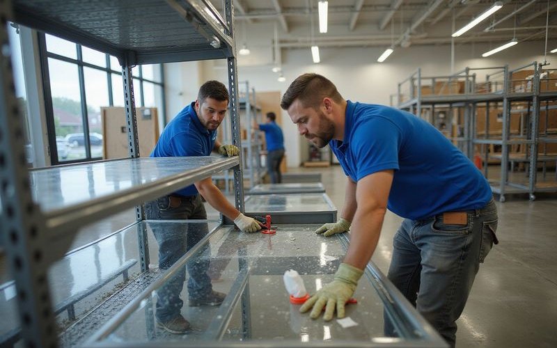Retail shelving and fixtures being dismantled for removal
